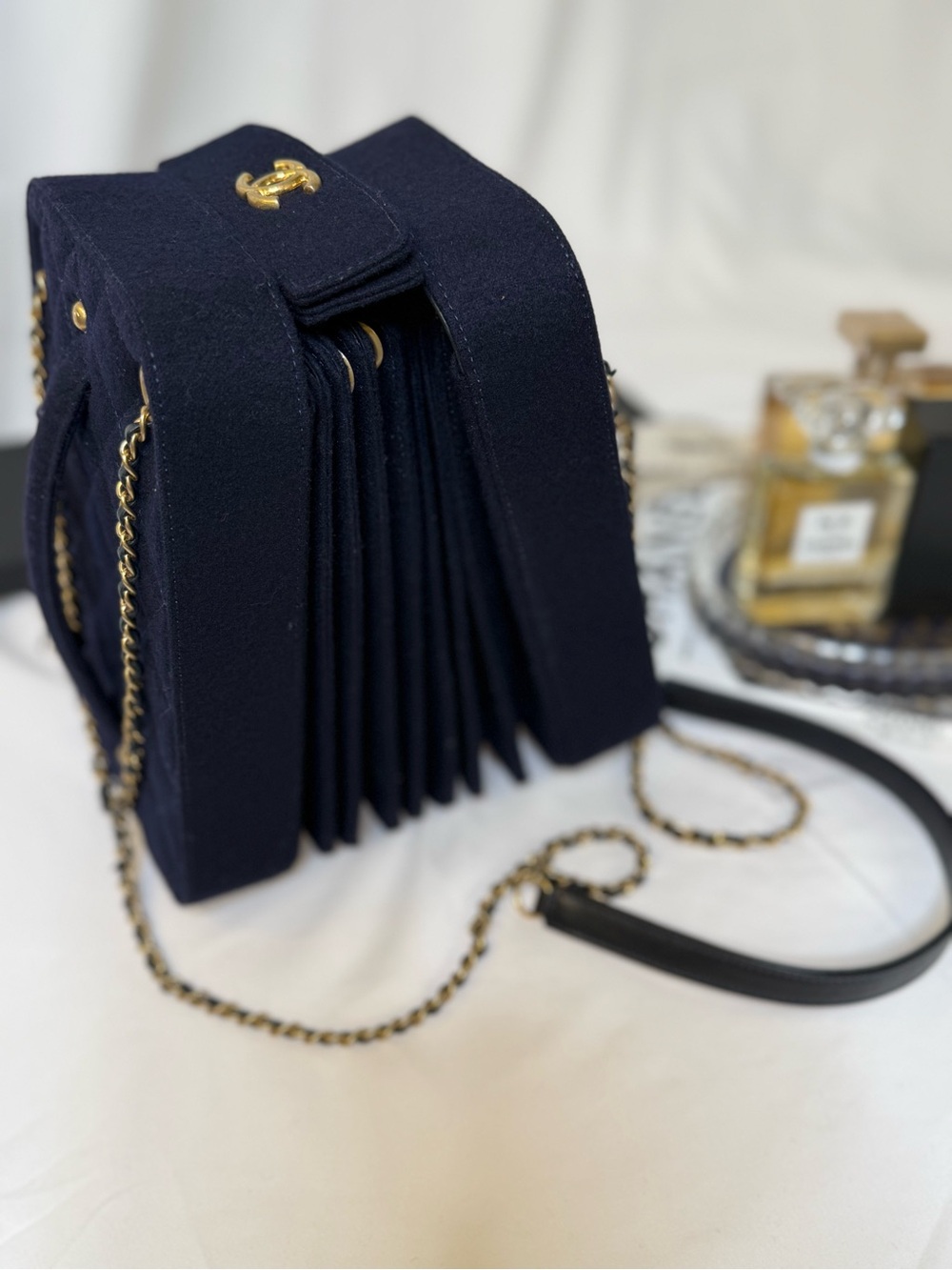 CHANEL Navy Accordion Quilted Crossbody with Gold Chain